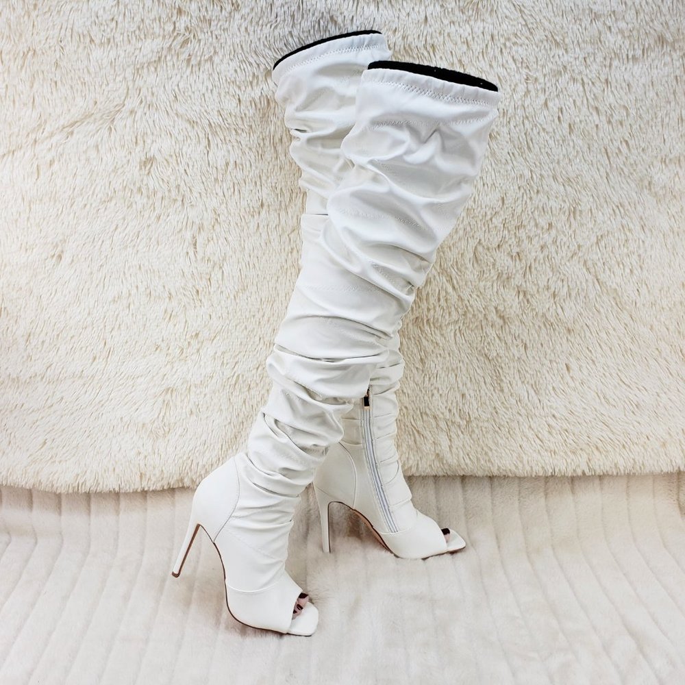 Bone White Square toe Thigh Boots Scrunch Slouch boots_15